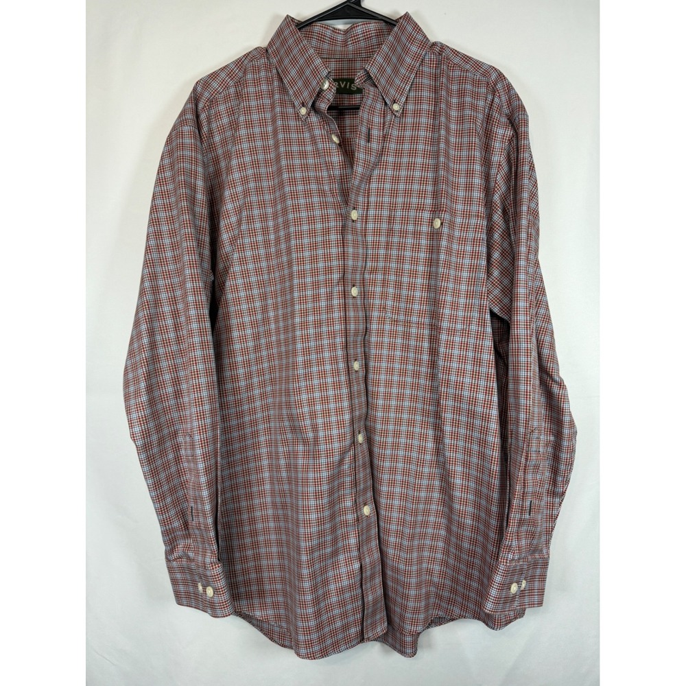 Orvis Mens Plaid Button Down Shirt Red Blue Brown Long Sleeve Size Large